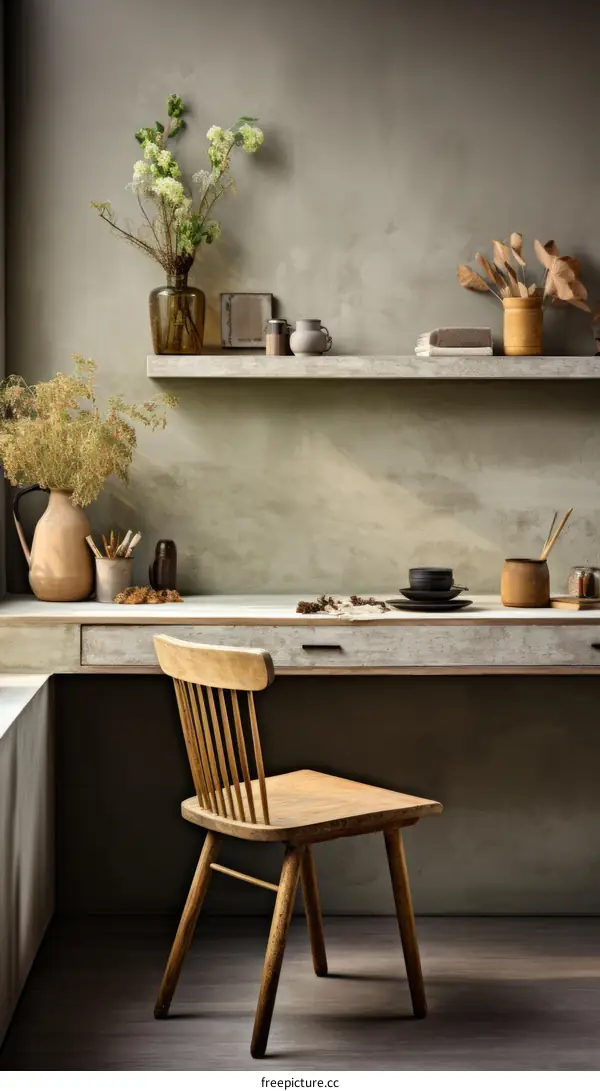 A minimalist home office with a wooden desk, chair, and shelf