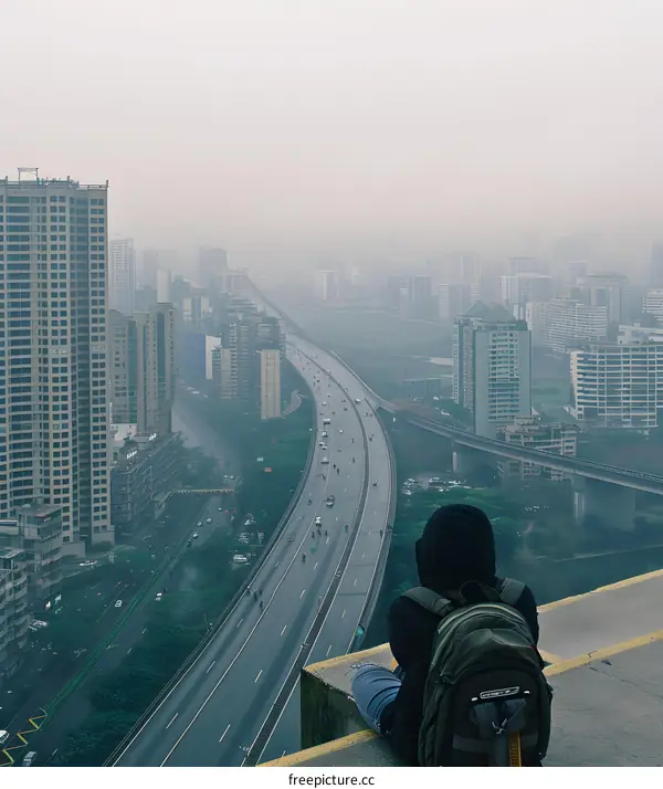Lonely Man Sitting on the Edge of a Building with View of Freeway and Cityscape