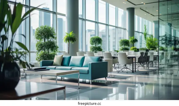 Modern office interior with large windows, green plants, and blue sofa