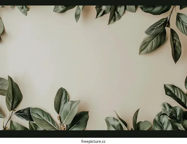 Green Leaves Border On Beige Background