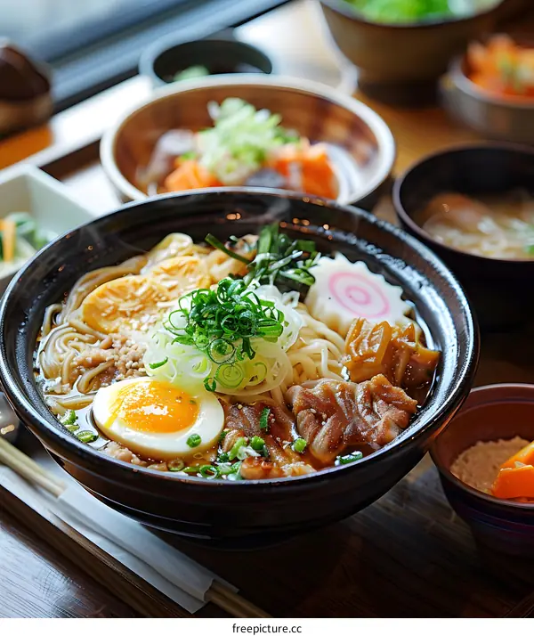 A delicious bowl of Japanese ramen with egg, pork, and vegetables.