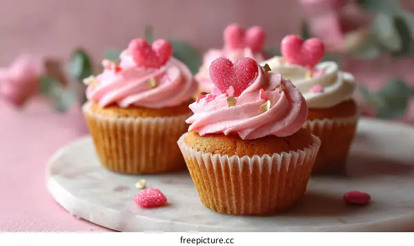 Delicious Pink and White Cupcakes with Heart Decorations