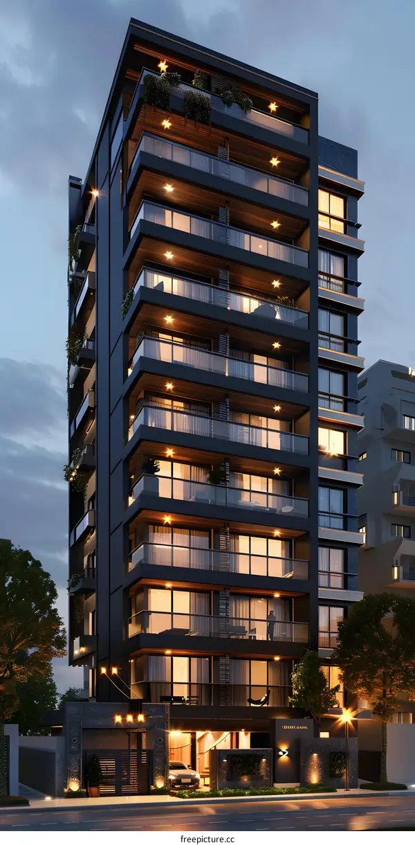 Black and white modern apartment building exterior with glass windows