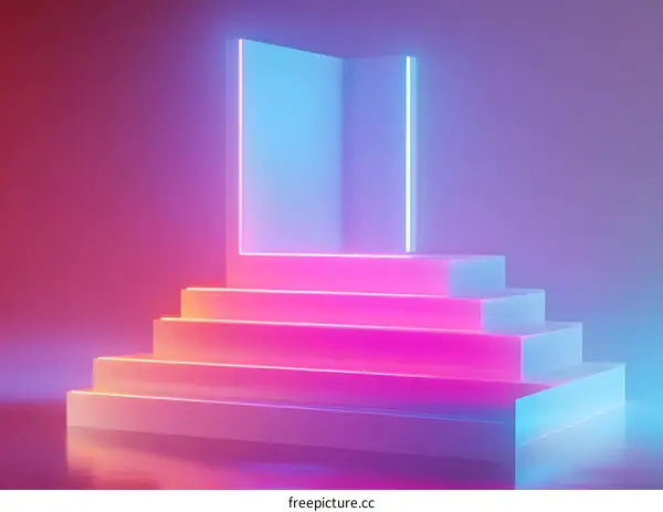 Neon Lights Stairs Platform 3D Rendering