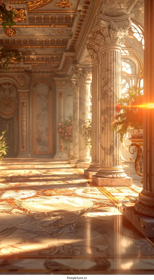 Elegant Interior of a Sunlit Palace Hallway