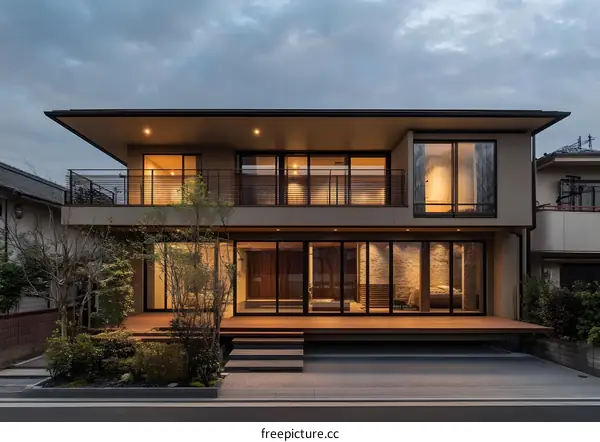 Modern Two Storey House with Large Windows and a Deck