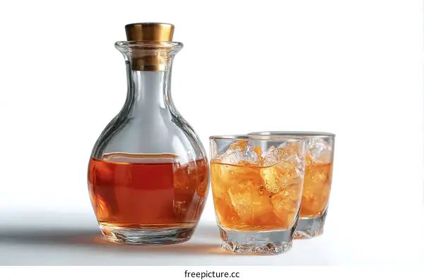 Clear glass decanter with amber liquid and ice in two glasses
