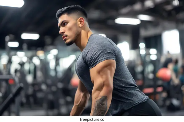 Muscular Man Lifting Weights in Gym