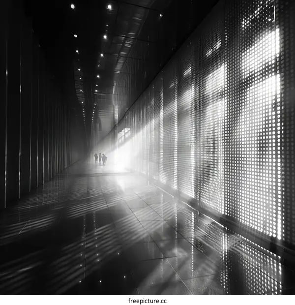 Three people walking down a long, reflective hallway with a patterned wall on one side