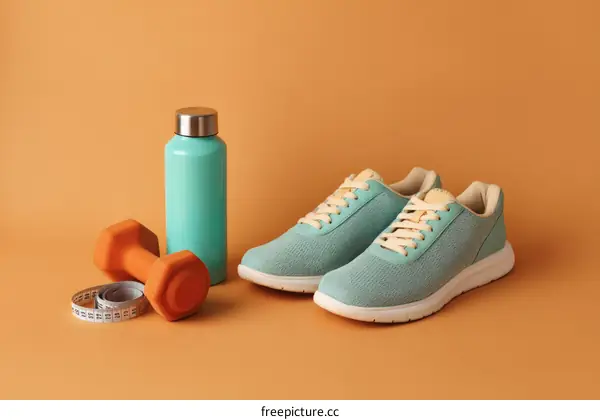 Fitness Equipment and Sport Shoes on Orange Background
