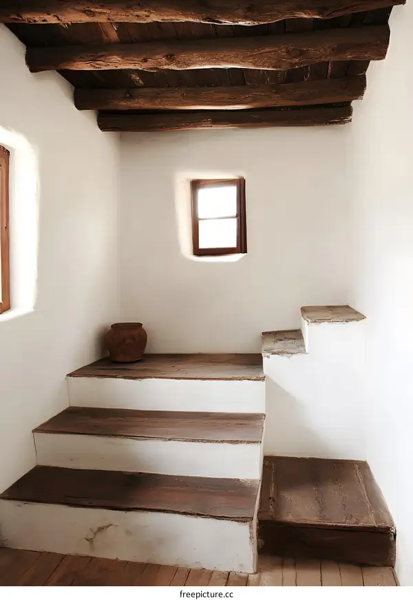 Wooden Steps And White Walls Inside An Old House