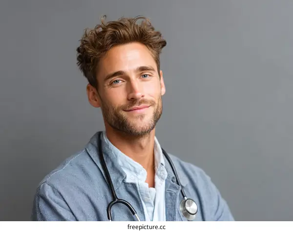 Friendly Doctor Portrait Against Gray Background