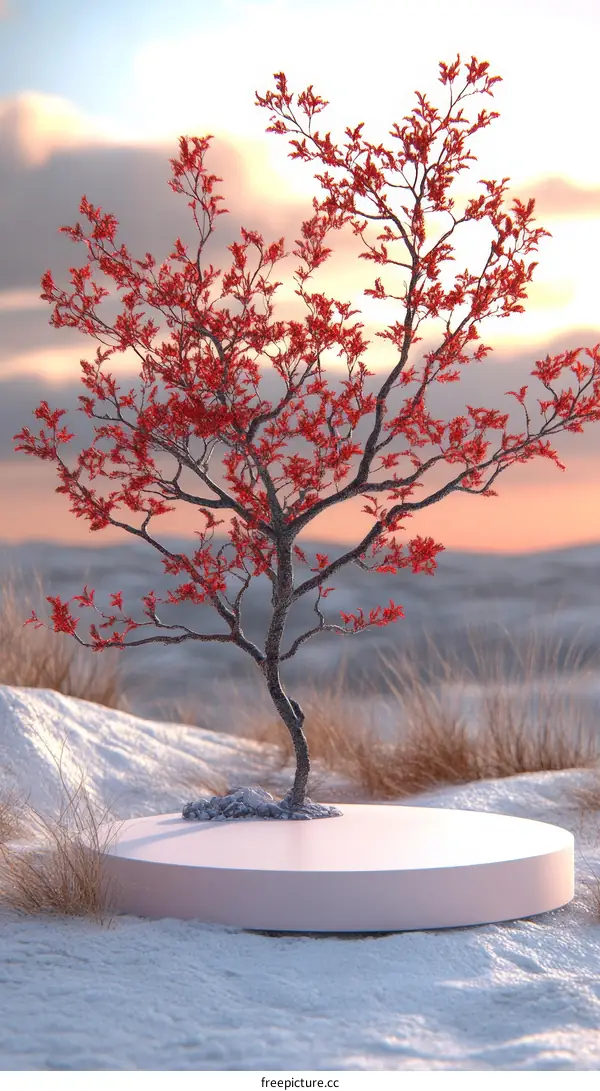 Solitary Red Tree on a White Pedestal