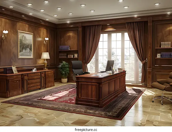 Luxurious wood paneled home office with brown leather furniture and oriental rug