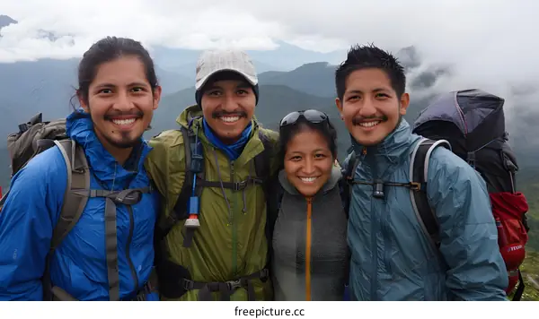 Four smiling hikers pose for a photo in the mountains.