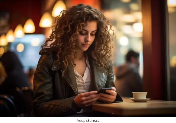 Curly-haired woman in a cafe looking at her phone