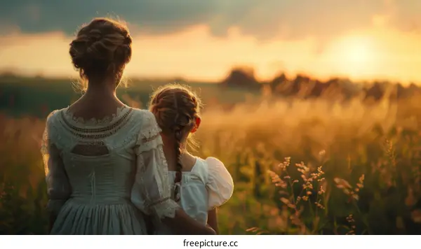 Mother and daughter watching the sunset in a field of wheat