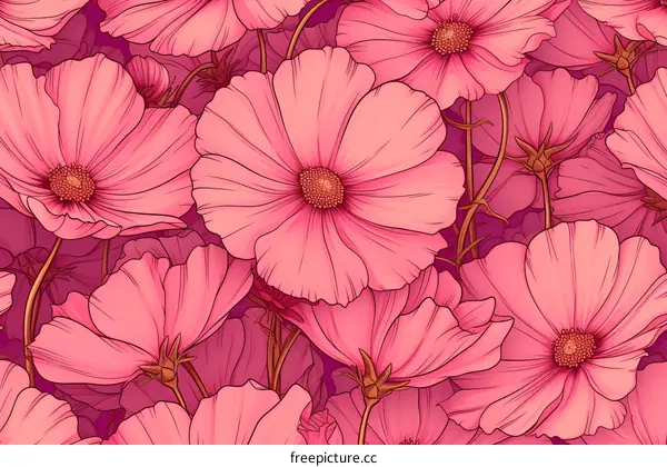 Pink cosmos flowers seamless pattern