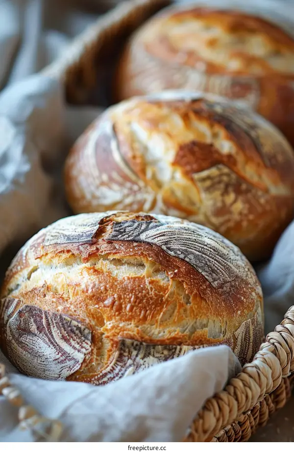Three boules of sourdough bread in a basket