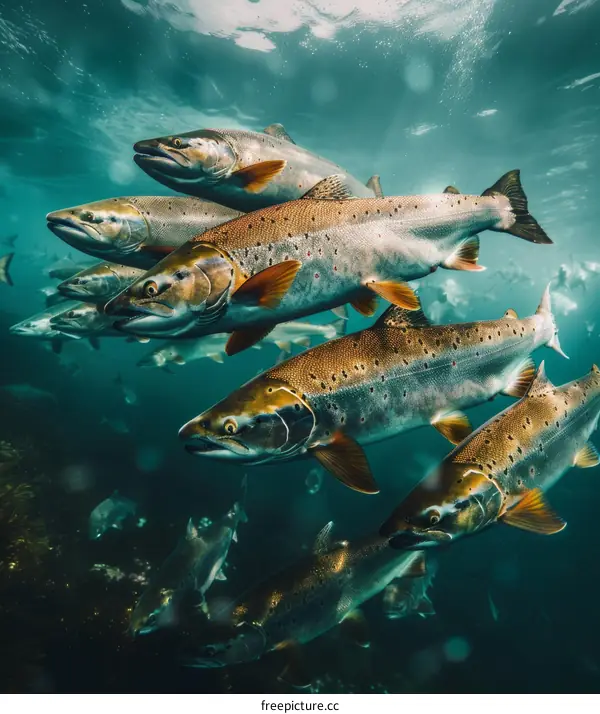 A group of salmon fish swimming underwater in a river