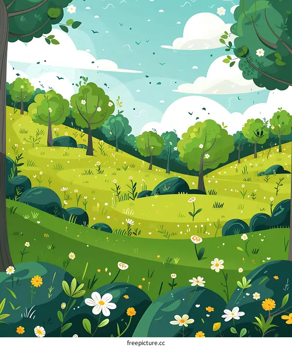Green Meadow Landscape with Trees and Flowers