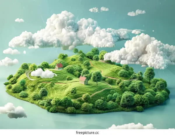 Dreamy Floating Island Landscape with Fluffy Clouds