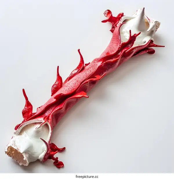 A bone-shaped sculpture with red spikes.