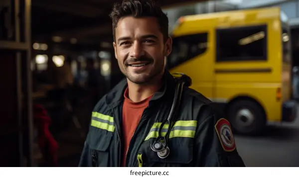 Portrait of a smiling male paramedic in uniform standing in front of an ambulance