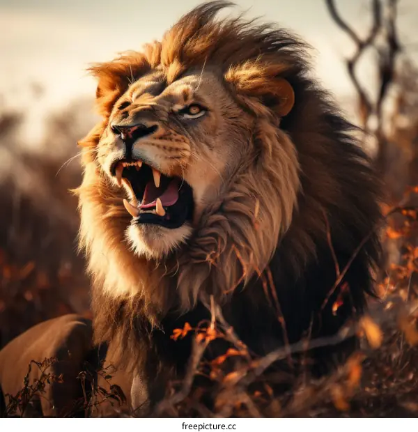 Close up of a male lion roaring in the middle of a dry grass field