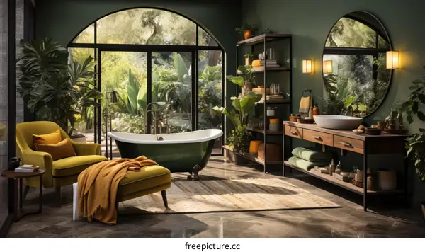 Bathroom with a green bathtub and a yellow armchair