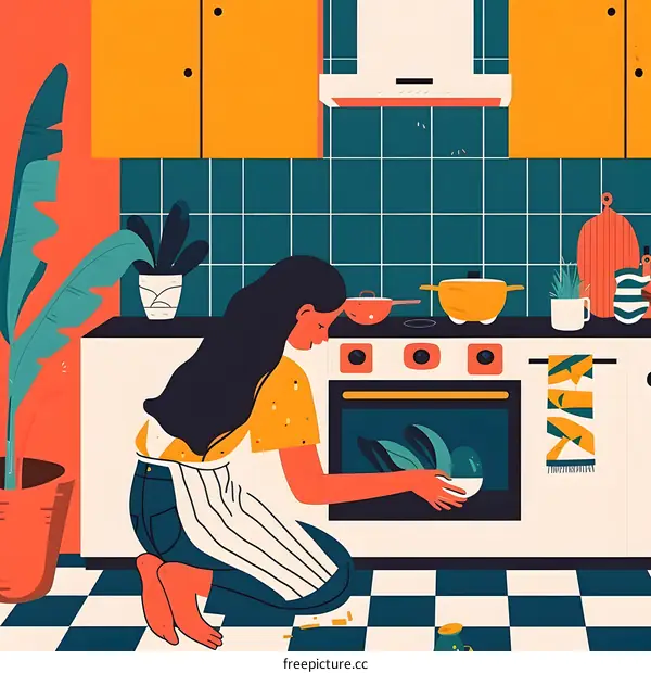 Woman Putting Food In Oven In Kitchen