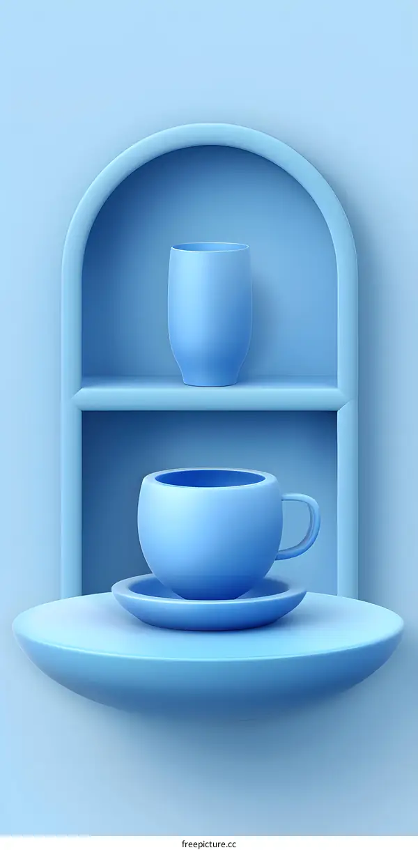 Blue 3D Rendered Coffee Cup and Saucer on Shelf