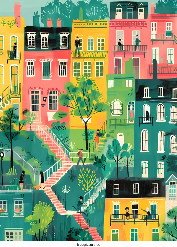 Colorful Townhouses with Stairs and People