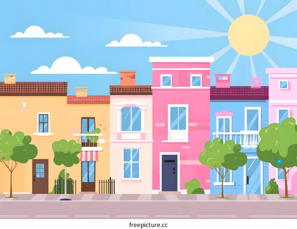 Colorful Row Houses On Sunny Day Cartoon Illustration