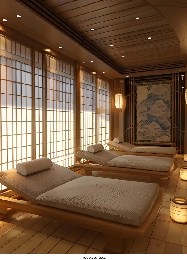 Japanese Style Spa Room Interior Design With Wooden Floor And Loungers