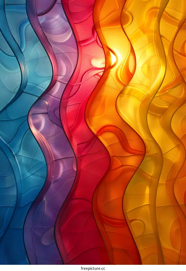Colorful wavy translucent plastic surface with bright light in the center