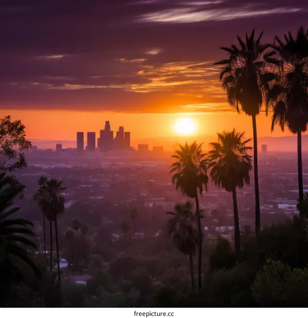 Palm Trees and Los Angeles Skyline at Sunset