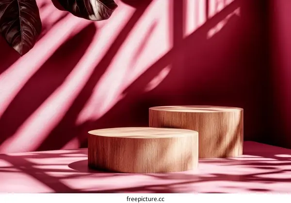 Pink Background with Wooden Display Podiums