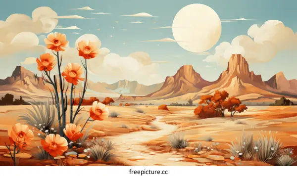 Desert landscape with mountains and flowers