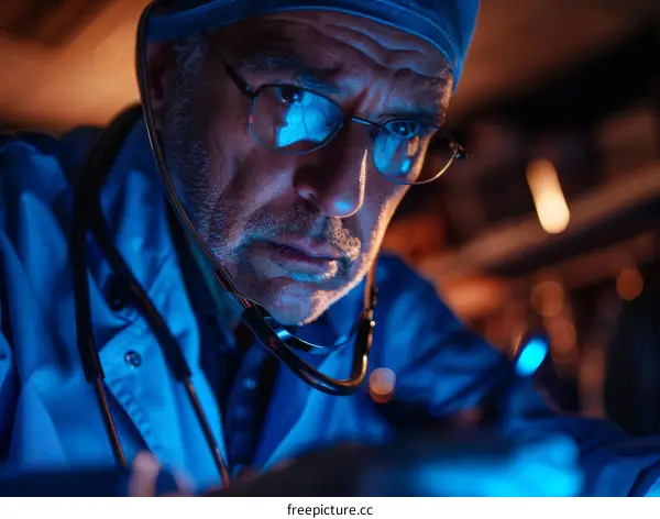 Portrait of a male doctor wearing a blue uniform and stethoscope around his neck