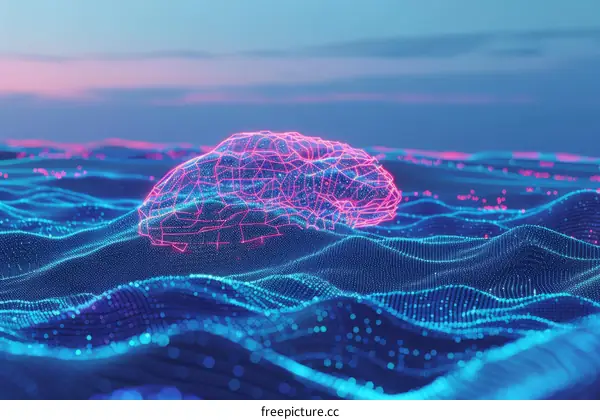 A digital illustration of a brain made of glowing pink lines on a dark blue background.