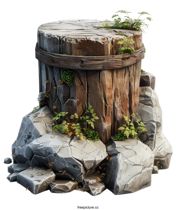 [Transparent Background PNG]Wooden Podium on Stone Base with Plants