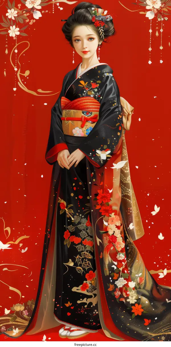 A woman in a kimono with red and white flowers and a red background