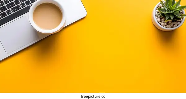 Yellow Background with Laptop, Coffee and Plant