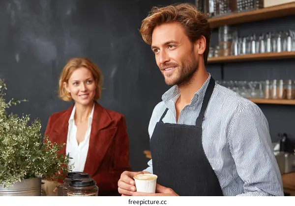 Two people at a coffee shop counter