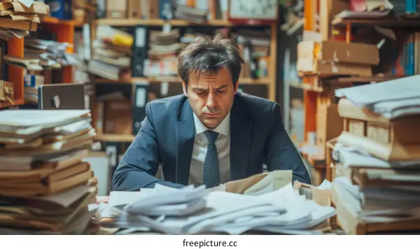 Man overwhelmed by paperwork in a messy office