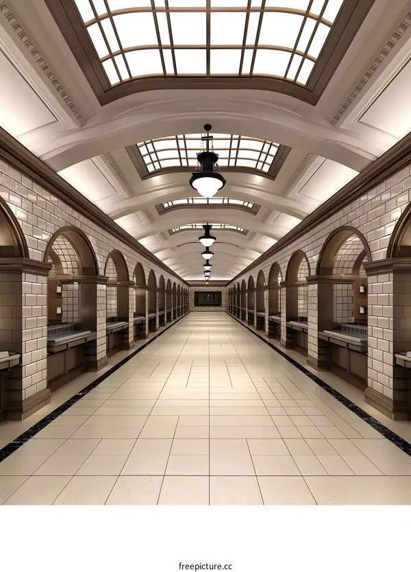 Luxury Arched Corridor with Glass Ceiling and Tile Flooring