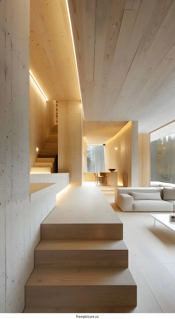 Modern Minimalist Wooden Interior Design With Stairs And Light