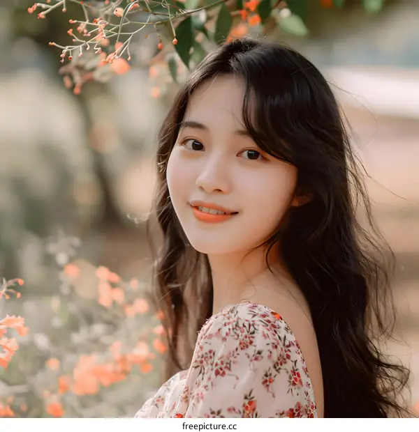 Portrait of an Asian Woman Smiling in a Floral Dress in a Garden