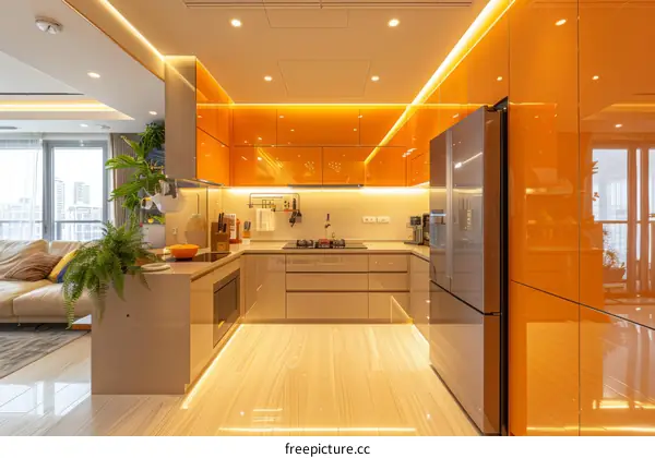 Modern Orange Kitchen with Island and Integrated Appliances